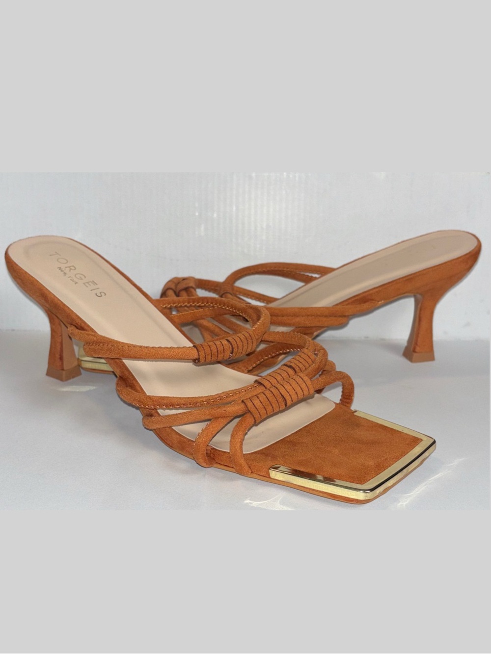 Torgeis New York Medinilla Heeled sandals Square toe faux suede Brown women's 8